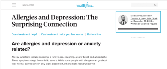 A screenshot of the Healthline website. The heading on the page reads “Allergies and Depression: The Surprising Connection” and next to the heading is a information block explaining the medical professional that review the article and their photo.